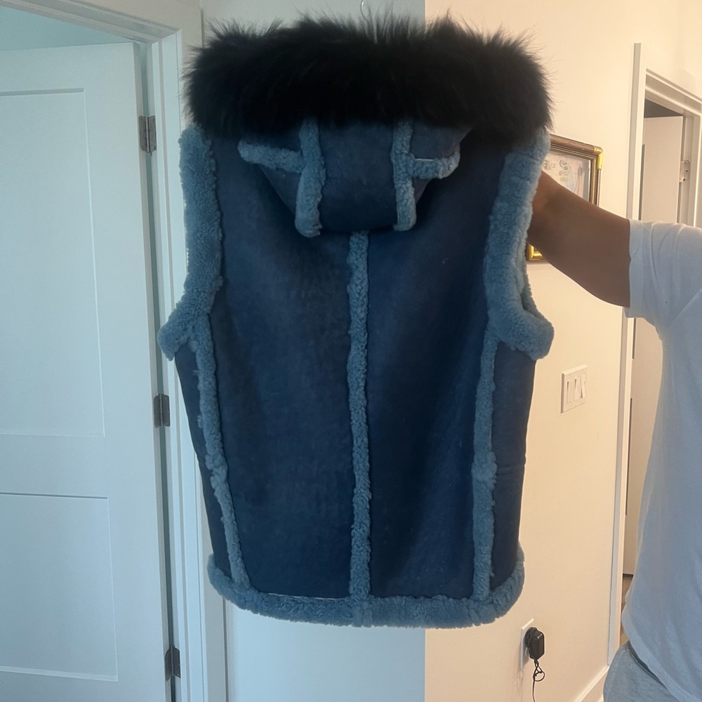 Men's Blue Shearling Vest with Black Fur Trim